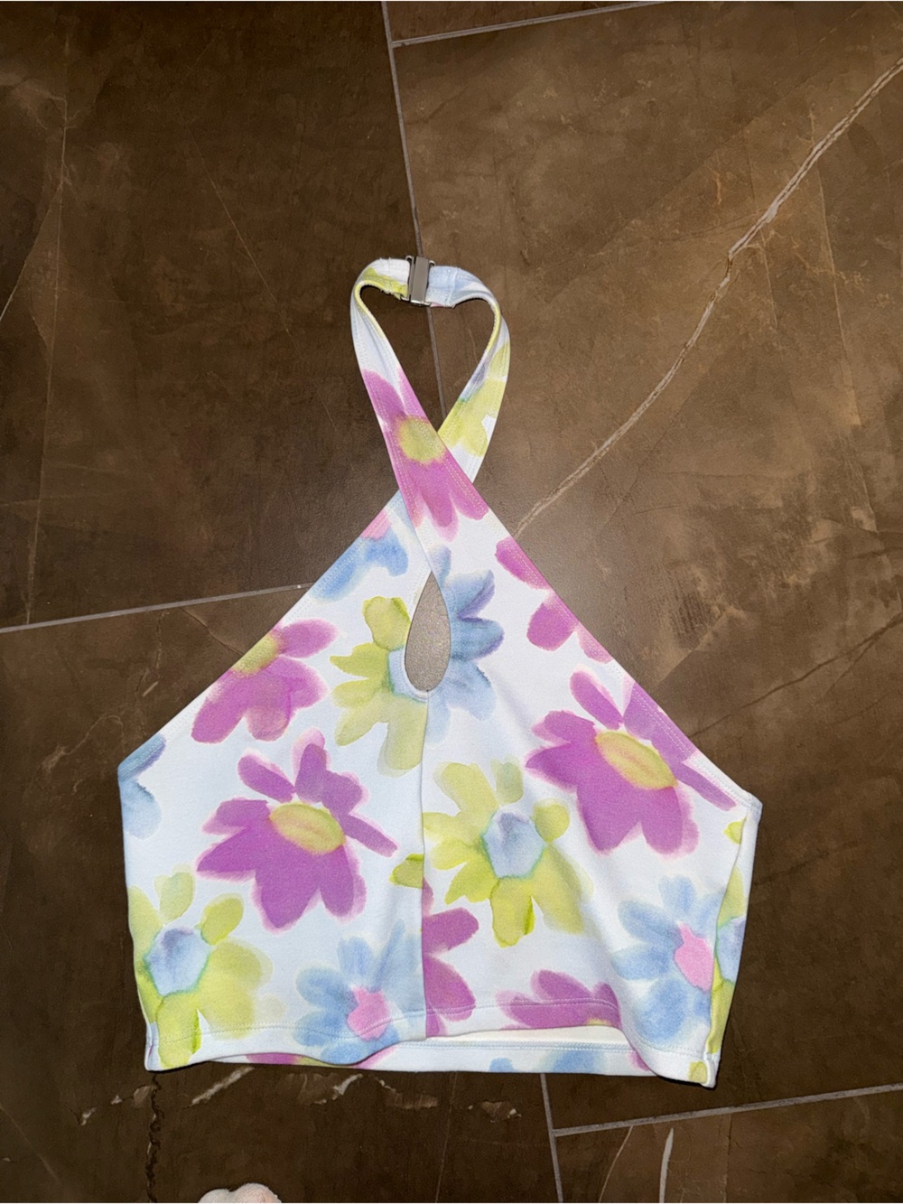 Aritzia White Halter Tank Top with Pink, Yellow & Blue Floral Print